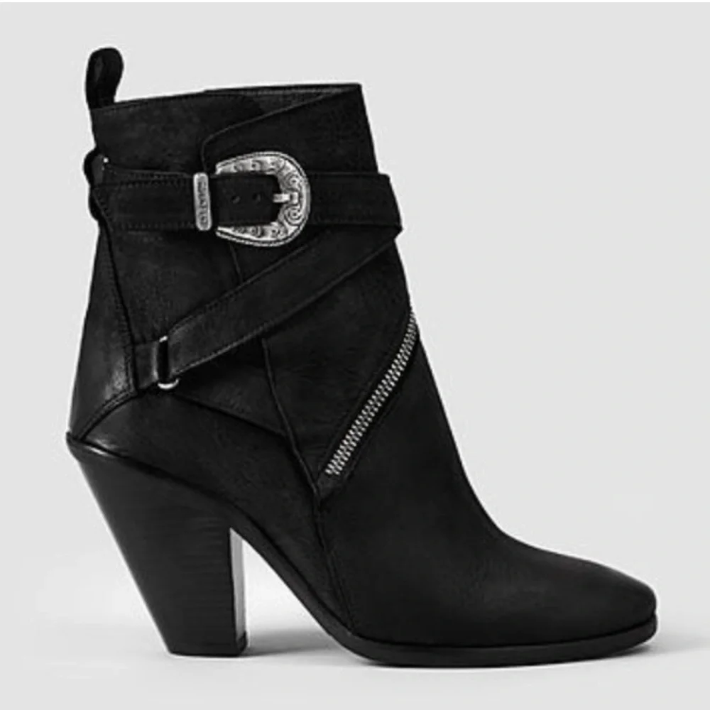 AllSaints TEJUS Ladies Black Leather Buckle Western Ankle